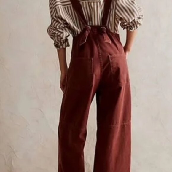 NWOT Free People We The Free Fields Of Flowers Wide-Leg Overalls Mocha XL - Picture 4 of 6